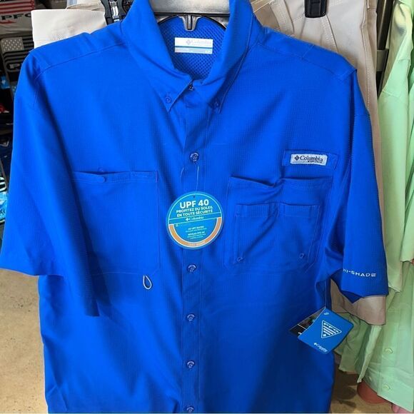 New Crystal springs 100% poly Blue Columbia PFG Performance fishing SS shirt L - Picture 3 of 7